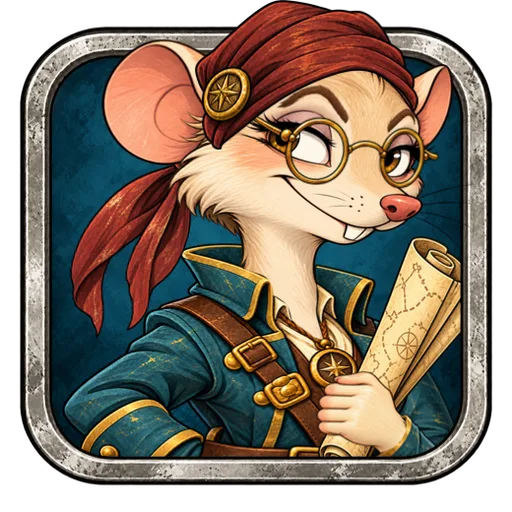Eine Ratten-Navigatorin mit rotem Bandana, Brille und Karte
