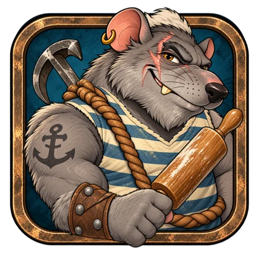 Eine graue Ratte im gestreiften Hemd mit Nudelholz und Anker-Tattoo