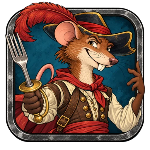 Eine Ratte mit Federhut und roter Schärpe, die eine Gabel hält