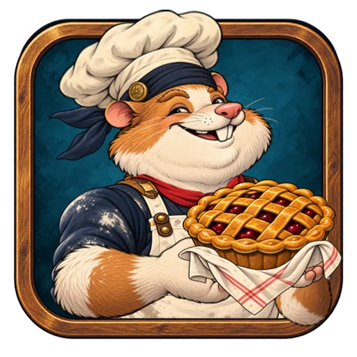 Ein Hamster-Bäcker mit Kochmütze und Gitterkuchen