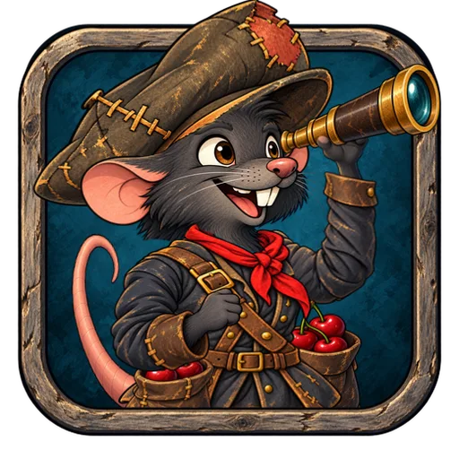 Eine kleine Ratte mit geflicktem Hut, die durch ein Fernrohr schaut
