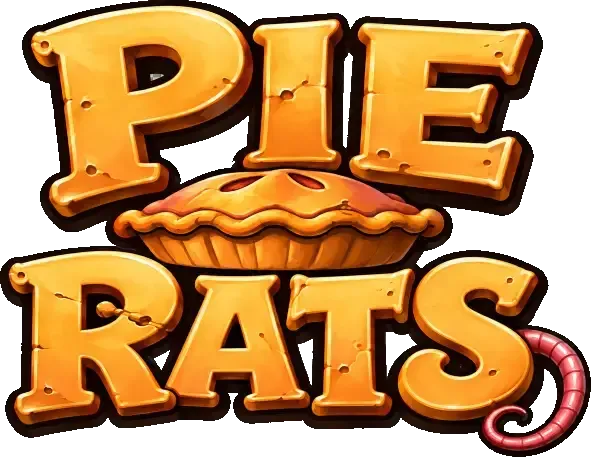 Pie-Rats-Logo, ein goldenes Kuchen-Schriftzug mit Rattenschwanz