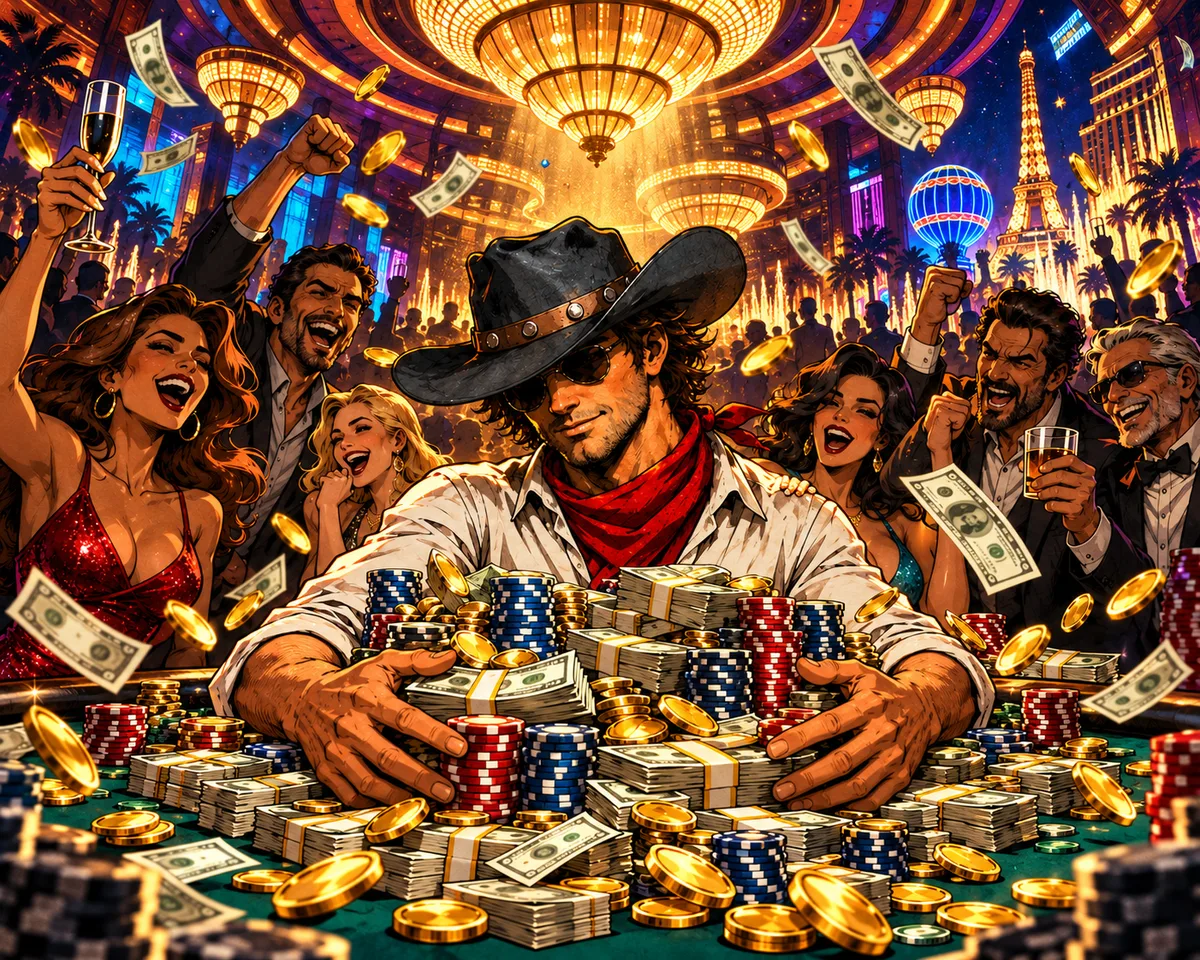 Joey Vegas at a packed casino table after a max win