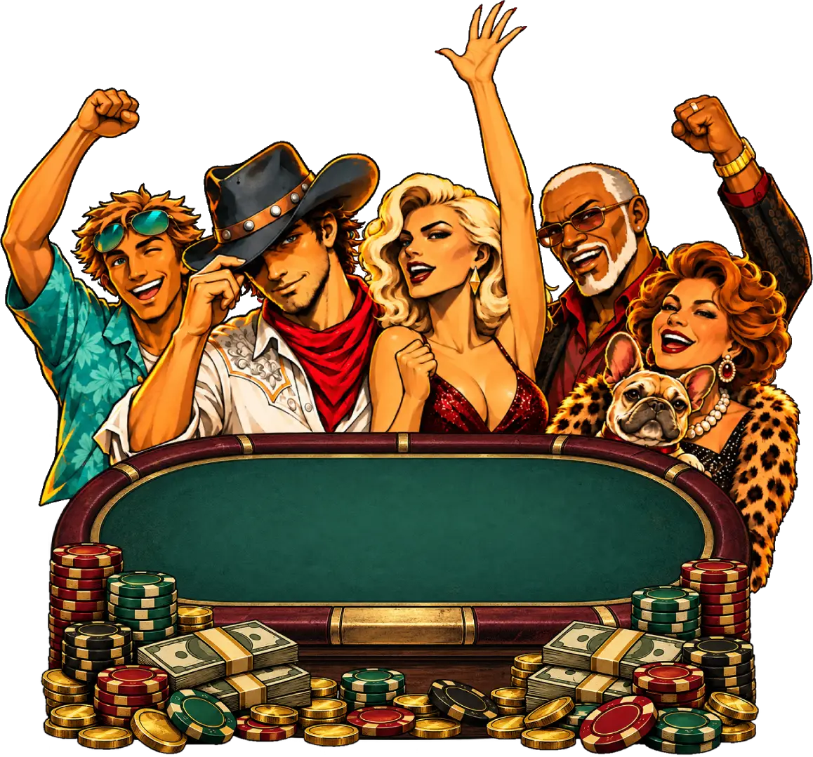 Joey Vegas and the table cast behind a poker table of chips