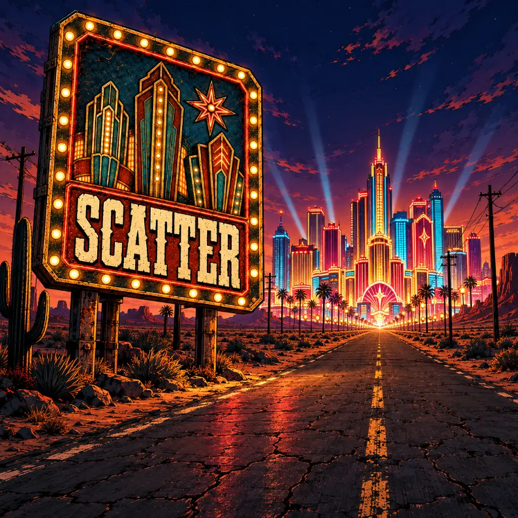 Scatter sign on the road into a neon Strip skyline